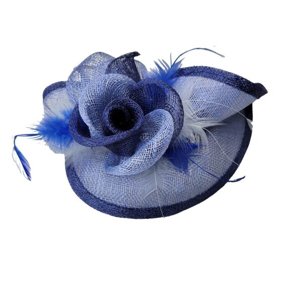 Blue Sinamay Comb Fascinator With Sinamay Rosettes and Blue White Feathers - Picture 3 of 10